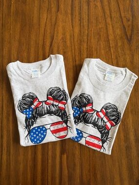 4th of July Girls Light Gray Patriotic Messy Bun Tee bundle 2 pcs